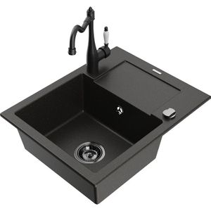Enzo 1 Becken-Granitspüle mit Abtropffläche und Mischbatterie Carla, Schwarz/Gold metallisch - - Mexen