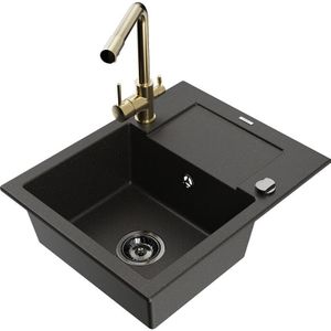 Mexen - Enzo 1 Becken-Granitspüle mit Abtropffläche und Mischbatterie Duero, Schwarz/Gold metallisch -