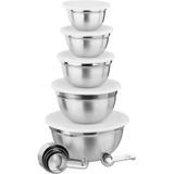 Relaxdays - Küchen Set 18-tlg., 5 x Rührschüssel mit Deckel, Messlöffel & Measuring Cups, Küchenzubehör Set, silber/weiß