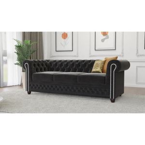Kero - Chesterfield 3 sitzer Sofa aus Schwarz Samt-Stoff mit Holzfüßen