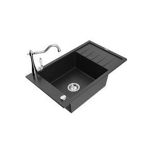 Elias 1 Becken-Granitspüle mit Abtropffläche und Mischbatterie Carla, Schwarz/Silbermetallic - - Mexen