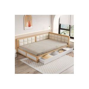 Erwachsenenbett 140x200 cm, 2 Plätze, mit 2 Schubladen, Rollen, gepolsterter Leinenrückenlehne, Lattenrost, Schlafsofa aus Holz – Natur