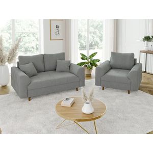 S-style Möbel - Viggo - Polstergarnitur 2+1 mit Braun Holzfüßen im skandinavischen Stil aus Grau Boucle-Stoff