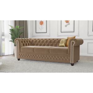 Kero - Chesterfield 3 sitzer Sofa aus Beige Samt-Stoff mit Holzfüßen