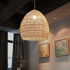 Vintage Rattan Pendelleuchte, Hängelampe mit E27 Lampenschirm, für Esszimmer, Café, Restaurant, 35x35cm