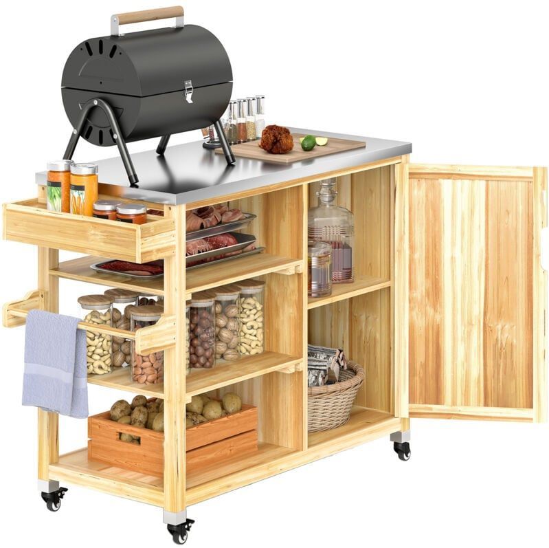 Outsunny - Grillwagen 6-Etagen Servierwagen mit Arbeitsfläche Handtuchregal, bbq Grilltisch aus Holz, Grill Beistelltisch, Outdoor Trolley,