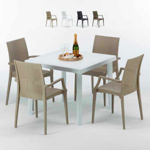 Weiß Quadratisch Tisch und 4 Stühle Farbiges Polypropylen-Außenmastenset Grand Soleil Arm Bistrot Love - Beige