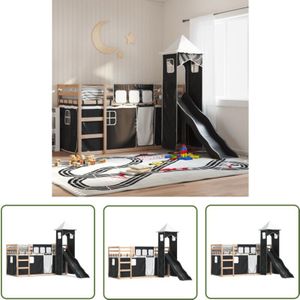 The Living Store Etagenbett mit Rutsche und Gardinen Weiß und Schwarz 80x200 cm - Kinderhochbett - Holzbett - Etagenbett - Jugendzimmermöbel