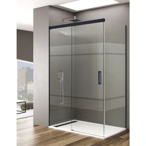 Allstone - basic Duschkabine 1+1 Mit 8mm fester Seite ohne Bodenprofil 5 Farben 2 Glasarten 6mm in Aluminium Schwarzes-profil 100x70 cm Siebdruck glas