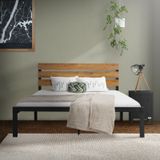 Metallbett 140x200 cm mit Lattenrost, Bettgestell mit Holz-Kopfteil, Schwarz-Braun, Stahl, Rustikal, Bettrahmen, Bett für Schlafzimmer/Gästezimmer,