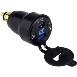 Quick Charge 3.0 Ladeadapter – din Powerlet-Stecker auf Dual-USB-Anschluss – mit Voltmeter (blau)