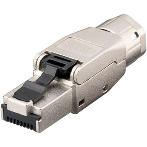 Cat 8.1 feldkonfektionierbarer RJ45-Stecker, stp geschirmt, für 5,0-8,5 mm Kabeldurchmesser, mit Schraubkappe, werkzeugfreie LSA-Montage.