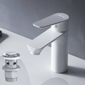 Am.pm - Badarmatur mit Pop-Up Ablaufventil für Waschbecken Wasserhahn Bad Weiss Waschtischarmatur mit Ablaufgarnitur 1 1/4 Zoll Messing Ventil Ablauf