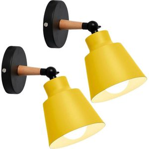 2er Wandleuchte Holz, Moderne Wandlampe Innen mit Metall Lampenschirm, Wandstrahler Art Licht Decor für Wohnzimmer Schlafzimmer (Gelb)