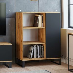 Industrielles Sideboard mit 1 Tür und 2 Regalen, Buffet mit Metallfüßen, Wohnzimmer-Sideboard, Bücherregal mit Regalen, 40x90h116 cm, Farbe Schwarz
