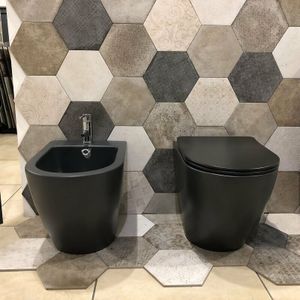 Bodenstehendes Wand-WC- und Bidet-Set, runde Linie, mattes Schwarz mit Soft-Close-Toilettensitzabdeckungen