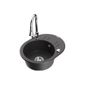 Kevin 1 Becken-Granitspüle mit Abtropffläche und Mischbatterie Elia, Schwarz gesprenkelt - 651 - Mexen