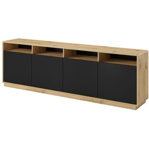 XL-Buffet 240cm aus der Kollektion VILLA. Farbe Eiche und Schwarz. 4 Türen und 4 beleuchtete Fächer.