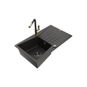 Cesar 1 Becken-Granitspüle mit Abtropffläche und Mischbatterie Flora, Schwarz/Gold metallisch - Mexen