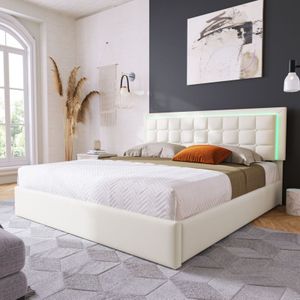 Redom - Polsterbett mit Lattenrost und Stauraum, Doppelbett mit led Lichtleiste, Bettgestell 140x200cm, Bett mit Stauraum, funktionale Tagesdecke aus