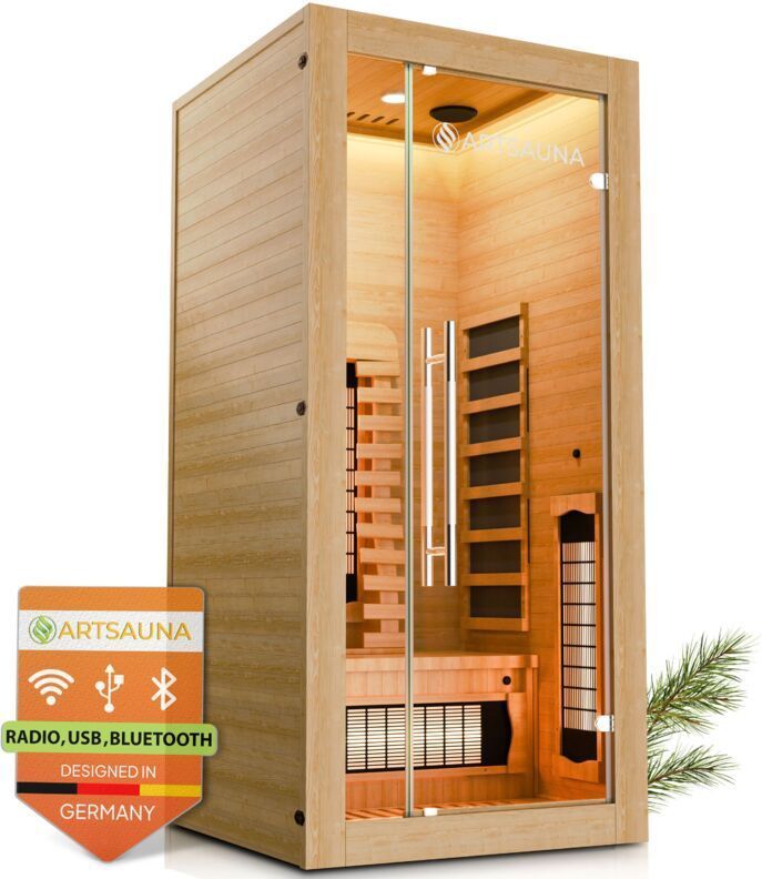 Infrarotkabine Kiruna90 Premium mit Vollspektrum- & Flächenstrahler, 1 Person, led Farblicht & Glastür, Infrarotsauna Sauna - Artsauna
