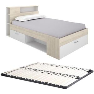 Bett mit Kopfteil, Stauraum & Schubladen + Lattenrost - 120 x 190 cm - Holzfarben & Weiß - LEANDRE