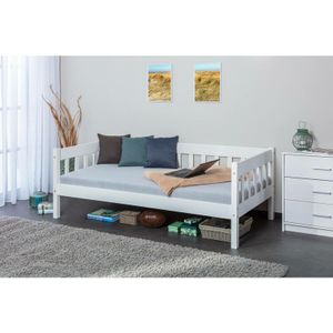 Dmora Einzelschlafcouch, in Kiefer massiv weiß, 98x205x63 cm, inklusive Lattenrost