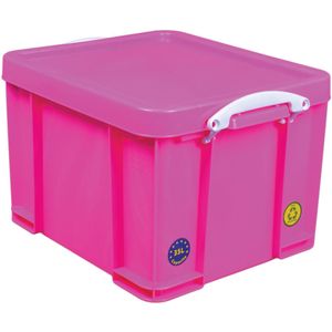 Really Useful Box opbergdoos 35 liter, neonroze met witte handvaten