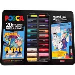 Posca paintmarkers, metalen doos van 20 stuks, assorti, ontwerp Manga