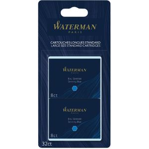 Waterman inktpatronen Standard Long, blauw (Serenity), blister van 32 stuks