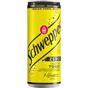 Schweppes Indian Tonic Zero frisdrank, blikje van 33 cl, pak van 24 stuks