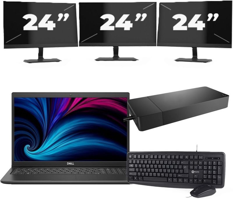 Dell Latitude 3520 - Intel Core i5-11e Generatie - 15 inch - 16GB RAM - 256GB SSD - Windows 11 Home + 3x 24 inch Monitor Nette Staat