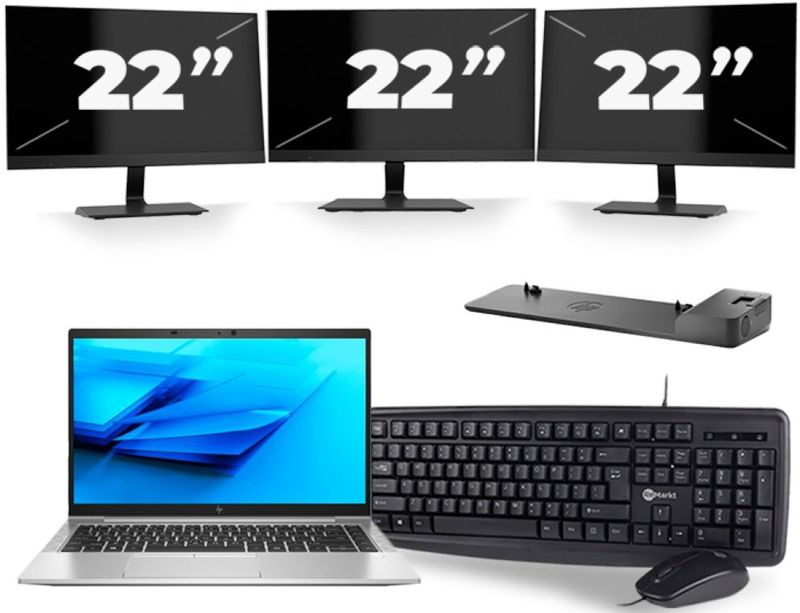 HP EliteBook 840 G7 - Intel Core i7-10e Generatie - 14 inch - 16GB RAM - 256GB SSD - Windows 11 + 3x 22 inch Monitor Nette Staat