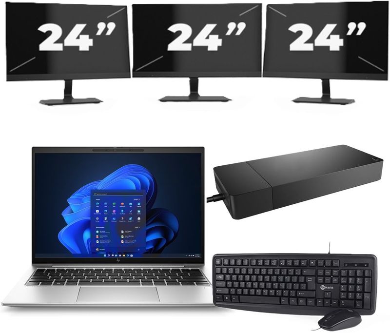 HP EliteBook 830 G9 - Intel Core i7-12e Generatie - 13 inch - 16GB RAM - 256GB SSD - Windows 11 Home + 3x 24 inch Monitor Zichtbaar gebruikt