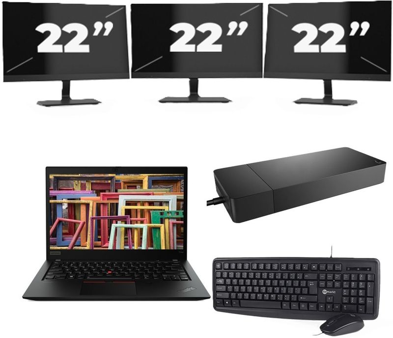 Lenovo ThinkPad T14s Gen 1 - Intel Core i7-10e Generatie - 14 inch - 16GB RAM - 256GB SSD - Windows 11 Home + 3x 22 inch Monitor Nette Staat