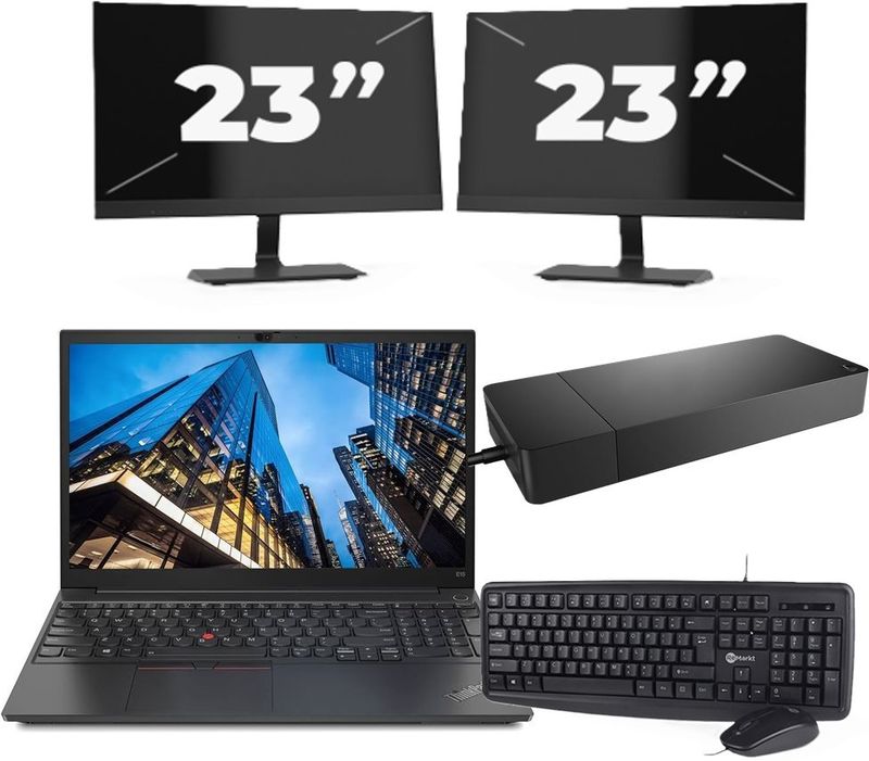 Lenovo E15 - Intel Core i3-10e Generatie - 15 inch - 16GB RAM - 256GB SSD - Windows 11 Home + 2x 23 inch Monitor Nette Staat