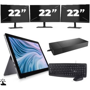 Dell Latitude 7210 - Intel Core i7-10e Generatie - 12 inch - Touch - 16GB RAM - 256GB SSD - Windows 11 Home + 3x 22 inch Monitor Zichtbaar gebruikt