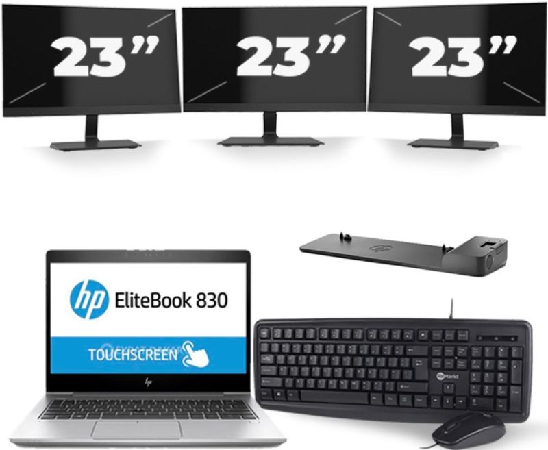 HP EliteBook 830 G5 - Intel Core i5-8e Generatie - 13 inch - 16GB RAM - 256GB SSD - Windows 11 + 3x 23 inch Monitor Zichtbaar gebruikt