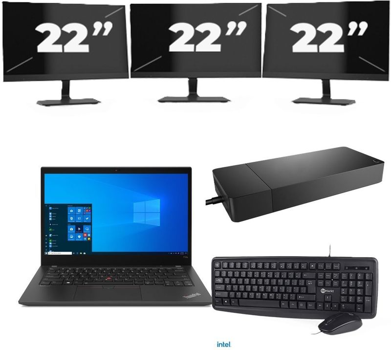 Lenovo ThinkPad T14s - Intel Core i7-10e Generatie - 14 inch - 16GB RAM - 256GB SSD - Windows 11 Home + 3x 22 inch Monitor Nette Staat