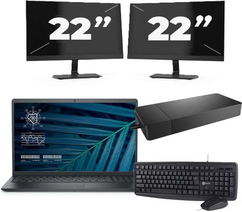 Dell Vostro 15 3510 - Intel Core i5-11e Generatie - 15 inch - 16GB RAM - 256GB SSD - Windows 11 Home + 2x 22 inch Monitor Zichtbare schade