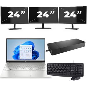 HP Pavilion 15-EG2 - Intel Core i5-12e Generatie - 15 inch - 16GB RAM - 256GB SSD - Windows 11 Home + 3x 24 inch Monitor Nette Staat