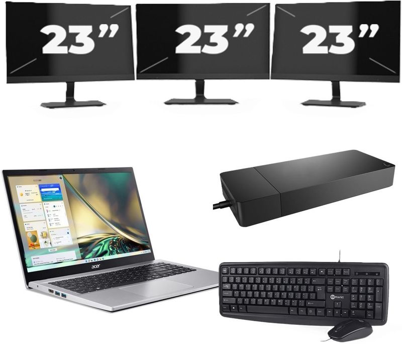 Acer Aspire A315-44P - AMD Ryzen 7 5700U - 15 inch - 16GB RAM - 256GB SSD - Windows 11 Home + 3x 23 inch Monitor Nette Staat