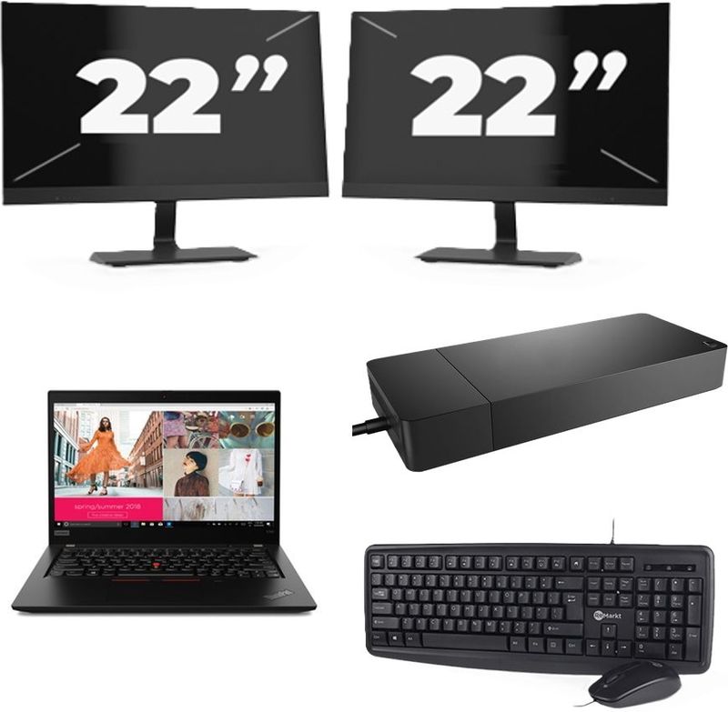 Lenovo ThinkPad X390 - Intel Core i5-8e Generatie - 13 inch - 8GB RAM - 256GB SSD - Windows 11 + 2x 22 inch Monitor Nette Staat