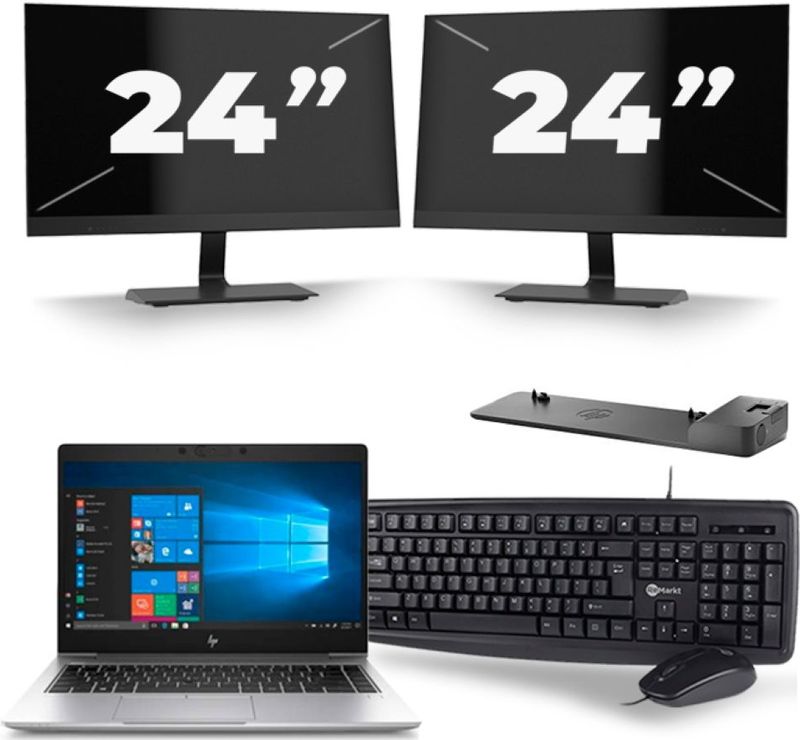 HP EliteBook 745 G6 - AMD Ryzen 3 3300U - 14 inch - 16GB RAM - 256GB SSD - Windows 11 Home + 2x 24 inch Monitor Zichtbaar gebruikt