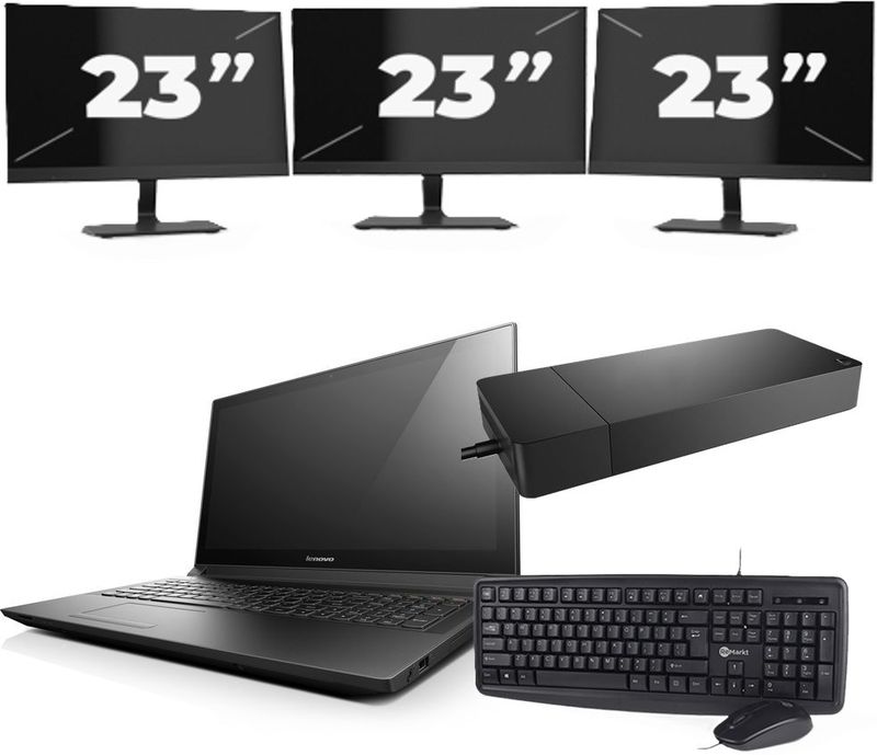 Lenovo B50-70 - Intel Core i3-4e Generatie - 15 inch - 8GB RAM - 256GB SSD - Windows 11 Home + 3x 23 inch Monitor Zichtbare schade