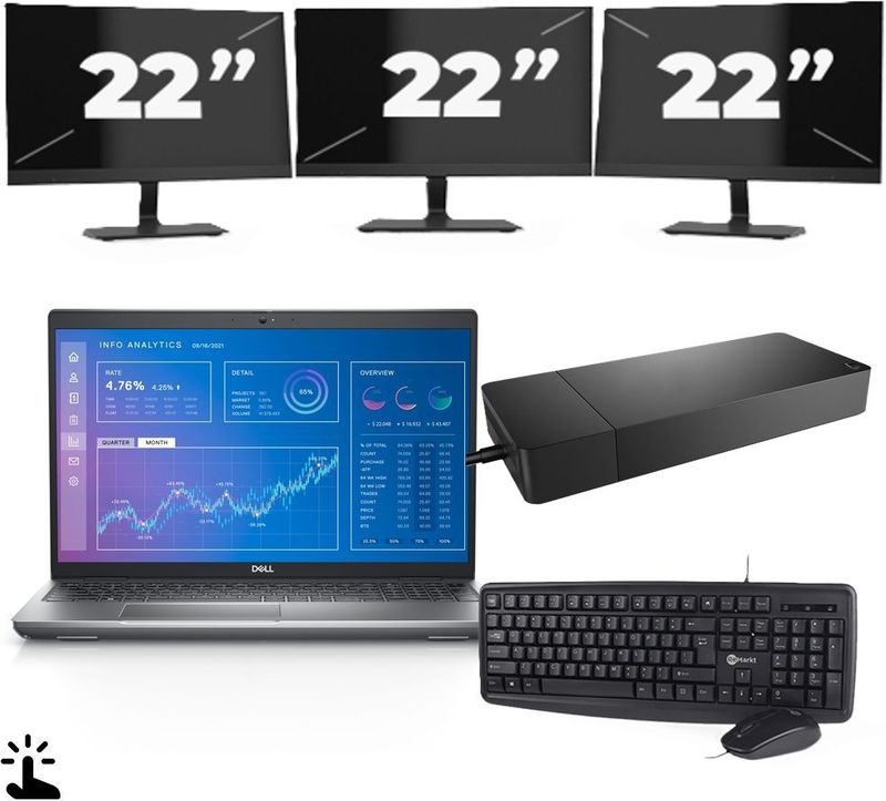 Dell Precision 3571 - Intel Core i5-12e Generatie - 15 inch - Touch - 16GB RAM - 256GB SSD - Windows 11 Home + 3x 22 inch Monitor Zichtbaar gebruikt