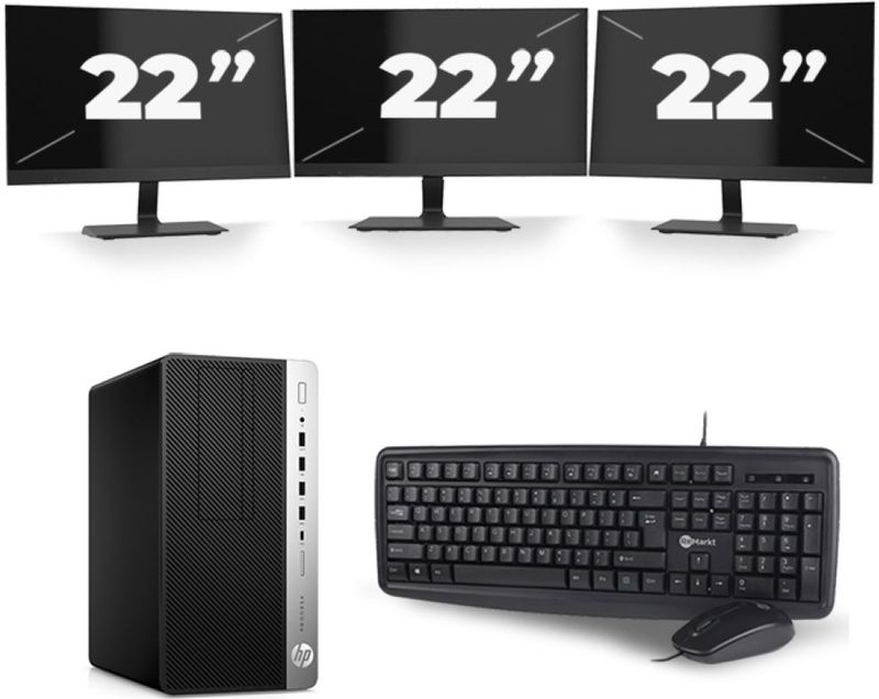 HP ProDesk 600 G3 Micro Tower - Intel Core i7-6e Generatie - 16GB RAM - 256GB SSD - Windows 11 + 3x 22 inch Monitor Nette Staat