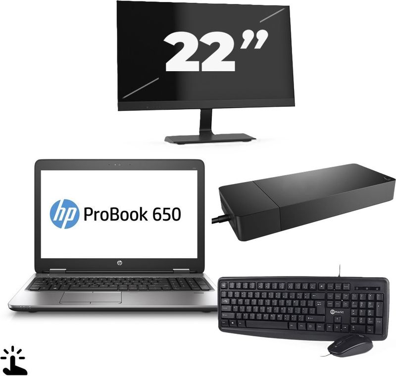 HP ProBook 650 G2 - Intel Core i5-6e Generatie - 15 inch - Touch - 8GB RAM - 256GB SSD - Windows 11 Home + 1x 22 inch Monitor Zichtbaar gebruikt