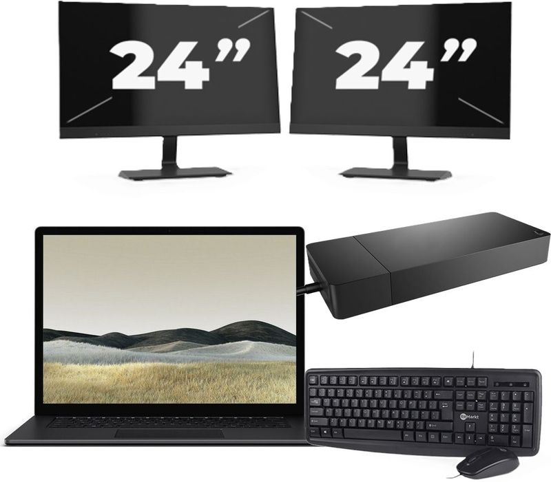 Microsoft Surface Laptop 3 - Intel Core i5-10e Generatie - 13 inch - 16GB RAM - 256GB SSD - Windows 11 Home + 2x 24 inch Monitor Nette Staat