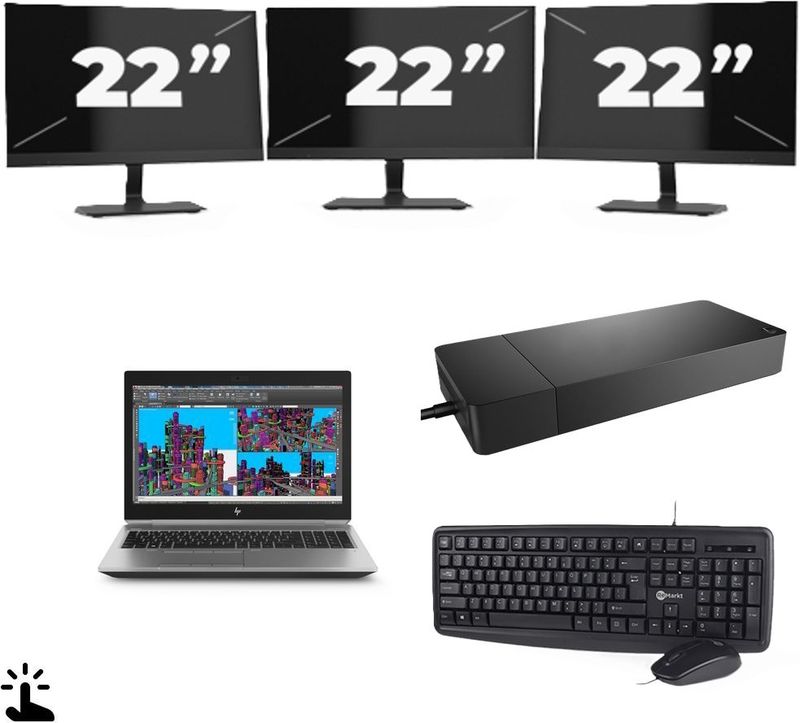 HP ZBook 15 G5 - Intel Core i7-8e Generatie - 15 inch - Touch - 16GB RAM - 256GB SSD - Windows 11 Home + 3x 22 inch Monitor Nette Staat